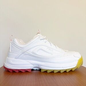 Fila Distorter Chunky White Sneakers with Pink and Yellow Soles size 8.5